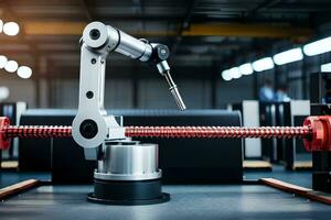 a robotic arm is sitting on a table in a factory. AI-Generated photo