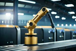 a robotic arm is sitting on a table in a factory. AI-Generated photo