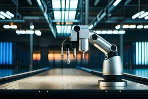 a robotic arm is sitting on a table in a factory. AI-Generated photo