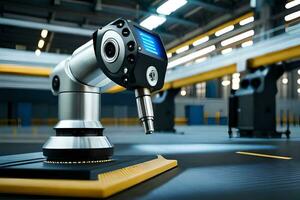 a robotic arm is sitting on a table in a factory. AI-Generated photo