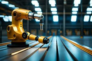 a robotic arm is sitting on a table in a factory. AI-Generated photo