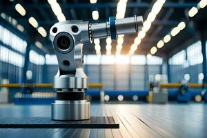 a robotic arm is sitting on a table in a factory. AI-Generated photo