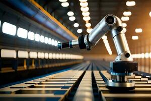 a robotic arm is sitting on a conveyor belt. AI-Generated photo