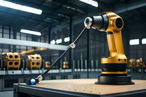 a robotic arm is sitting on a table in a factory. AI-Generated photo
