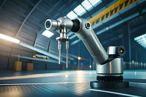 a robotic arm is sitting on a table in a factory. AI-Generated photo