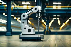 a robotic arm is sitting on a floor in a factory. AI-Generated photo