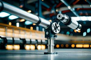 a close up of a metal pipe with a light in the background. AI-Generated photo
