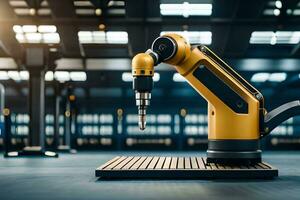 a robotic arm is sitting on a table in a factory. AI-Generated photo