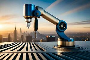 a robotic arm is holding a machine on top of a cityscape. AI-Generated photo