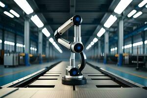 a robotic arm is sitting on a conveyor belt. AI-Generated photo