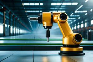 a robotic arm is sitting on a table in a factory. AI-Generated photo