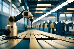 a robotic arm is sitting on a table in a factory. AI-Generated photo