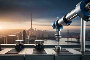 a robotic arm is sitting on a table with a city in the background. AI-Generated photo