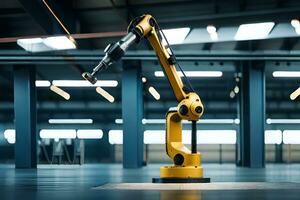 a robotic arm in a warehouse with a large building in the background. AI-Generated photo