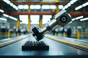 a robotic arm is on a conveyor belt in a factory. AI-Generated photo