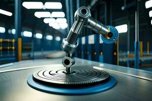 a robotic arm is on a conveyor belt in a factory. AI-Generated photo