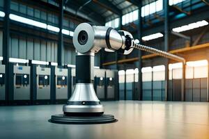 a robotic arm in a warehouse with a large machine. AI-Generated photo
