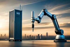 a robot is holding a machine next to a tall building. AI-Generated photo