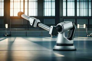 a robotic arm is sitting on a floor in an industrial setting. AI-Generated photo