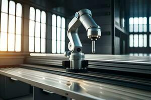 a robotic arm is sitting on a table in a factory. AI-Generated photo