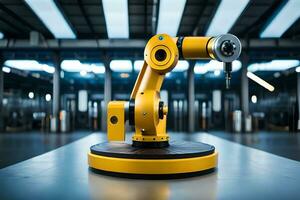 a yellow industrial robot is sitting on a table. AI-Generated photo