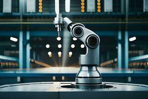 a robotic arm is sitting on a table in a factory. AI-Generated photo