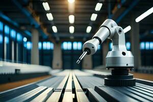 a robotic arm is on a conveyor belt in a factory. AI-Generated photo