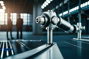 a robotic arm is sitting on a table in a factory. AI-Generated photo