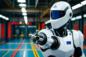 a white robot with blue eyes pointing at something. AI-Generated photo