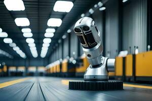 a robot is sitting on a conveyor belt in a warehouse. AI-Generated photo