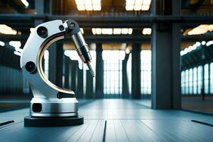 a robotic arm is sitting on a table in a factory. AI-Generated photo