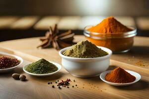 various spices and herbs in bowls on a table. AI-Generated photo