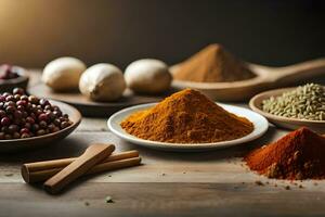 various spices and herbs are shown in bowls. AI-Generated photo