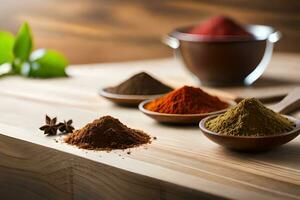 various spices and spices in wooden spoons on a table. AI-Generated photo