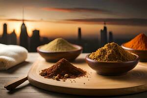 spices and spices on a wooden tray with cityscape in the background. AI-Generated photo