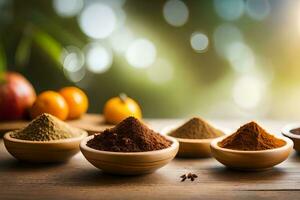 five different types of spices in bowls. AI-Generated photo