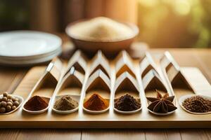 spices on wooden tray with food on table. AI-Generated photo