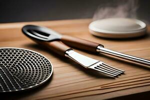 a wooden cutting board with a grill and a spatula. AI-Generated photo