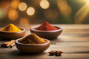 spices in bowls on wooden table with light background. AI-Generated photo