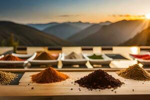 spices on a table with mountains in the background. AI-Generated photo