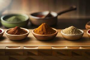 various spices in bowls on a wooden table. AI-Generated photo