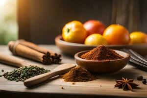 spices and spices on a wooden table. AI-Generated photo