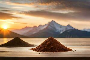 a pile of brown powder on a table with mountains in the background. AI-Generated photo