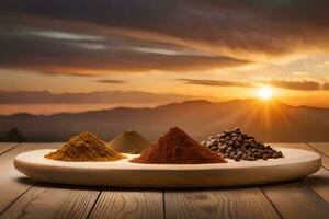 spices on a wooden plate with sunset in the background. AI-Generated photo