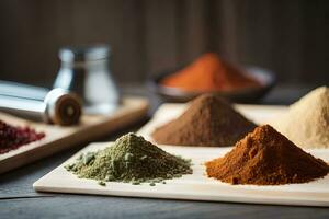 various spices and spices on a cutting board. AI-Generated photo
