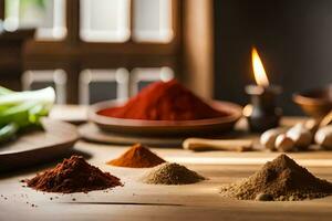 various spices and herbs on a table. AI-Generated photo