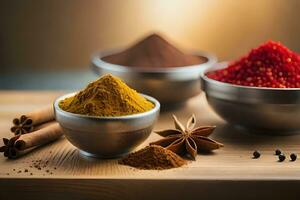 spices and spices in bowls on wooden table. AI-Generated photo