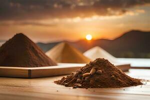 cocoa powder and cocoa beans on a wooden table with the sun setting in the background. AI-Generated photo