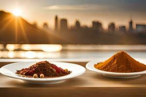 spices and spices in bowls on a table with cityscape in background. AI-Generated photo