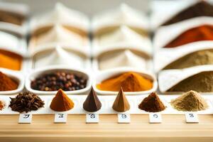 various spices and spices in bowls on a table. AI-Generated photo